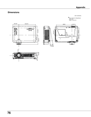 Page 76
76
Appendix
Dimensions
G
10°MAX
88.7(3.49)
132.1(5.20)
246.3(9.70)
106.3(4.19)136.3(5.37)
5(0.2)
45(1.77)
40(1.57)47.2(1.86)
3.7(0.15)
4.5(0.18)
90(3.54)
105.5(4.15)
53.5(2.11)
70(2.76)
55(2.17)
84.7(3.33)
228(9.0)
Unit: inch(mm)
Screw Holes for Ceiling MountScrew: M4Depth: 0.472(12.0) 