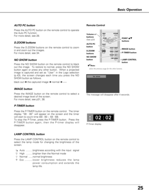 Page 2525
Basic Operation
Remote Control
D.ZOOM
buttons
NO SHOW
button 
AUTO PC
button
✔Note:
•See the previous page for the other buttons.POINT 
ed
buttons
black out  ➜the captured image  ➜normal  ➜ • • • • •
Press the NO SHOW button on the remote control to black
out the image.  To restore to normal, press the NO SHOW
button again or press any other button.  When a projected
image is captured and set as “User” in the Logo selection
(p.43), the screen changes each time you press the NO
SHOW button as follows....