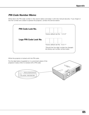 Page 6565
Appendix
Write down the PIN code number in the column below and keep it with this\
 manual securely. If you forgot or
lost the number and unable to operate the projector, contact the service\
 station. 
PIN Code Number Memo
Factory default set No:  1 2 3 4*Factory default set No:  4 3 2 1*
*Should the four-digit number be changed,
the factory set number will be invalid.
Put the label below (supplied) on in a prominent place of the
projectors body while it is locked with a PIN code.
While the projector...