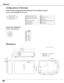 Page 6464
Appendix
Terminal : Mini DIN 8-PIN
12345876
SERVICE PORT CONNECTOR
R X D
-----
-----
GND
RTS / CTS
GND
GND
Serial
1
2
3
4
5
6
7
8
COMPUTER INPUT/COMPONENT INPUT/MONITOR OUTPUT TERMINAL (ANALOG)
Terminal : Analog RGB (Mini D-sub 15 pin)
512341096781514131112
Dimensions
Red (R/Cr) Input / Output
Ground (Horiz.sync.)
Green (G/Y) Input / Output
-----
Blue (B/Cb) Input / Output
Ground (Red)
Ground (Green)
Ground (Blue)
1
5
2
4
3
6
7
8
5V
Horiz. sync. Input/Output (Composite H/V sync.)
Ground (Vert.sync.)...