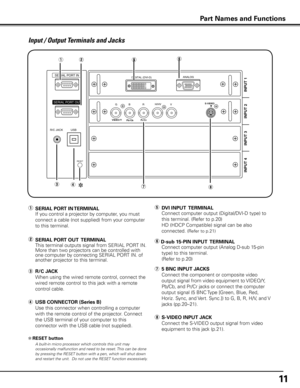 Page 11
11

Input / Output Terminals and Jacks
e	R/C JACK
  When using the wired remote control, connect the 
wired remote control to this jack with a remote 
control cable.
r	USB CONNECTOR (Series B)
  Use this connector when controlling a computer 
with the remote control of the projector. Connect 
the USB terminal of your computer to this 
connector with the USB cable (not supplied).
i	S-VIDEO INPUT JACK
  Connect the S-VIDEO output signal from video 
equipment to this jack (p.21).
q	SERIAL PORT IN TERMINAL...