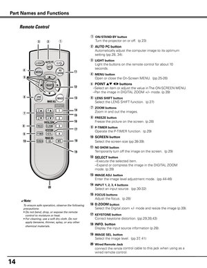 Page 14
Remote Control
q
t
e
!0
i
!4
r
!5
!3
!1
w
y
u
o
!7
!2
!8
!6
!9
@0
e	LIGHT button
 Light the buttons on the remote control for about 10 
seconds.
r MENU button
 Open or close the On-Screen MENU.  (pp.25-26)
t POINT ed 7 8 buttons
   –  Select an item or adjust the value in The ON-SCREEN MENU.
   –Pan the image in DIGITAL ZOOM +/– mode. (p.39)
y LENS SHIFT button
  Select the LENS SHIFT function.  (p.27)
!5 FOCUS buttons
 Adjust the focus.  (p.28)
u ZOOM buttons
 Zoom in and out the images.
i FREEZE...