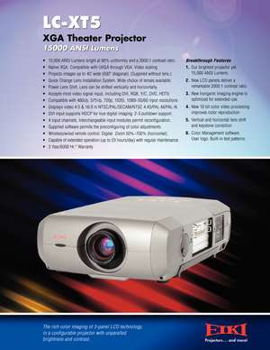 Page 1t15,000 ANSI Lumens bright at 90% uniformity and a 2000:1 contrast ratio. 
tNative XGA. Compatible with UXGA through VGA. Video scaling
tProjects images up to 40 wide (600 diagonal). (Supplied without lens.)  
tQuick Change Lens Installation System. Wide choice of lenses available.
tPower Lens Shift. Lens can be shifted vertically and horizontally.
tAccepts most video signal input, including DVI, RGB, Y/C, DVD, HDTV.
tCompatible with 480i/p, 575i/p, 720p, 1035i, 1080i50/60 input resolutions
tDisplays...