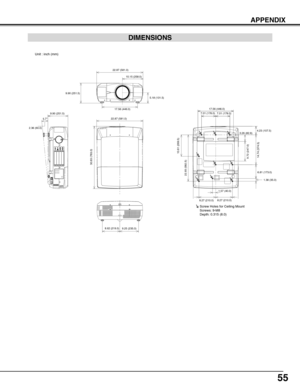 Page 5555
APPENDIX
DIMENSIONS
22.87 (581.0)
Unit : inch (mm)Screw Holes for Ceiling Mount
Screws: 9-M8
Depth: 0.315 (8.0)
9.90 (251.5)10.15 (258.0)
5.18 (131.5)
9.90 (251.5)
5.7 °
2.36 (60.0)
30.83 (783.0)
17.56 (446.0)
22.87 (581.0)
9.25 (235.0)
8.62 (219.0) 17.56 (446.0)
7.01 (178.0) 7.01 (178.0)
4.23 (107.5)
3.26 (82.8)
9.72 (247.0)
14.74 (374.5)
6.81 (173.0) 1.38 (35.0)
1.57 (40.0)
8.27 (210.0) 8.27 (210.0)
10.61 (269.5)
22.93 (582.5) 