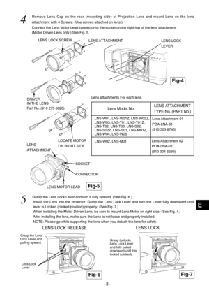 Page 59- 3 -
E
LENS LOCK SCREW
DRIVER 
IN THE LENS LOCATE MOTOR
ON RIGHT SIDELENS ATTACHMENT
Part No. (910 275 6020)
CONNECTOR
Fig-4
LENS MOTOR LEAD Fig-5
LENS LOCK
LEVER
LENS
ATTACHMENT SOCKET
Lens attachments For each lens.
LNS-W01, LNS-W01Z, LNS-W02Z,
LNS-W03, LNS-T01, LNS-T01Z,
LNS-T02, LNS-T03, LNS-S02,
LNS-S02Z, LNS-S03, LNS-M01Z,
LNS-W04, LNS-W06 Lens Attachment 01
POA-LNA-01
(910 303 8743)
LNS-W02, LNS-M01Lens Attachment 02
POA-LNA-02
(910 304 6229)
Lens Model No.LENS ATTACHMENT
TYPE No. (PART No.)
4...