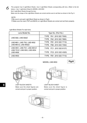 Page 60- 4 -
E
6  
This projector has 6 Light-Block Sheets. Use 2 Light-Block Sheets corres\
ponding with lens. (Refer to the list
below.)  Use 1 Light-block Sheet for MODEL LNS-W03
Set 2 Light-Block Sheets through the lens.  Make sure the shape of the Light-Block Sheets are correct and be sure to\
 set them as shown in the Fig. 8.
NOTE:
●Be sure to set each Light-Block Sheet as shown in Fig-8.
●  Make sure the mark (TOP and BACK) on Light-Block Sheets are correct an\
d set them properly.
Light-Block Sheets For...