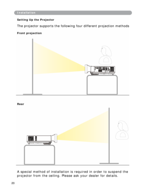 Page 21
Installation 
Setting Up the Projector 
The projector supports the following four different projection methods 
Front projection 
Rear 
A special method o f installation is required in order to suspend the 
projector from the ceiling. Please ask your dealer for details. 
20  