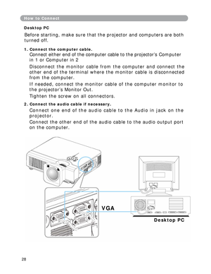 Page 29
How to Connect 
Desktop PC
Before starting, make sure that the projector and computers are both 
turned off. 
1. Connect the computer cable. 
Connect either end of the computer cable to the projector’s Computer  
in 1 or Computer in 2  
Disconnect the monitor cable from the computer and connect the 
other end of the terminal where the monitor cable is disconnected 
from the computer. 
If needed, connect the monitor cable of the computer monitor to  
the projector’s Monitor Out. 
Tighten the screw on all...