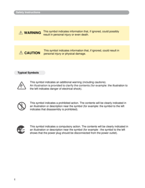 Page 5
Safety Instructions
This symbol indicates information that, if ignored, could possibly 
result in personal injury or even death. WARNING
This symbol indicates information that, if ignored, could result in 
personal injury or physical damage. 
TypicalSymbols
This symbol indicates an additional warning (including cautions).
Anillustration  isprovidedtoclarify  thecontents  (for  example: the illustration to 
the left indicates danger of electrical shock).
This symbol indicates a prohibited action. The...