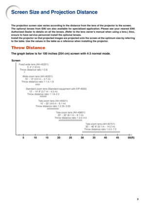 Page 33
Screen Size and Projection Distance
The projection screen size varies according to the distance from the lens of the projector to the screen.
The optional lenses from EIKI are also available for specialized application. Please see your nearest EIKI
Authorized Dealer to details on all the lenses. (Refer to the lens owner’s manual when using a lens.) Also,
ensure to have service personnel install the optional lenses.
Install the projector so that projected images are projected onto the screen at the...