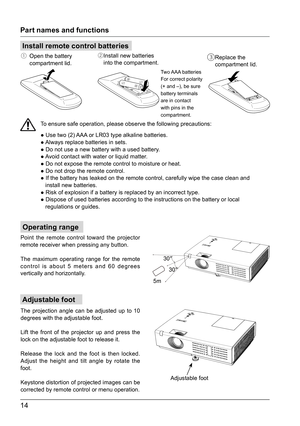 Page 1414
Adjustable foot
Operating range
Install remote control batteries
①   Open the battery      
compartment lid.  ② Install new batteries  
into the compartment.③ Replace the 
compartment lid.
Two AAA  batteries
For correct polarity 
(+ and –), be sure 
battery terminals 
are in contact 
with pins in the 
compartment.
Point the remote control toward the projector 
remote receiver when pressing any button. 
The maximum operating range for the remote 
control is about 5 meters and 60 degrees 
vertically and...