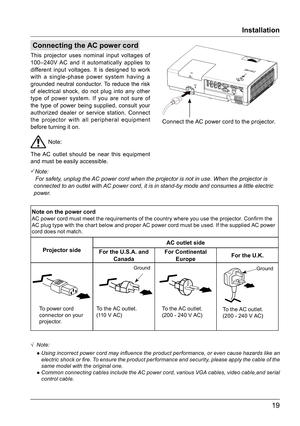 Page 1919
Connecting the AC power cord
Installation
Connect the AC power cord to the projector.
This projector uses nominal input voltages of 
100–240V AC and it automatically applies to 
different input voltages. It is designed to work 
with a single-phase power system having a 
grounded neutral conductor. To reduce the risk 
of electrical shock, do not plug into any other 
type of power system. If you are not sure of 
the type of power being supplied, consult your 
authorized dealer or service station....