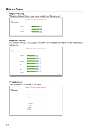 Page 5252
Projector/Display
Projector/ColorAdjProjector/Input
This page displays Screen size, Menu position and Background.
You can select Image Mode, adjust value of Contrast /Brightness/Red/Green/Blue/Sharpness
in this page.
You can select input source in this page.
Network Control
VGA IN 1
VGA IN 2  