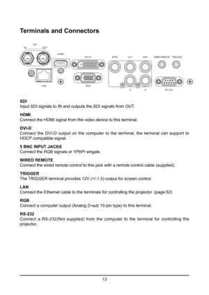 Page 1313
Terminals and Connectors
INOUT
TEJ
H
V
RG
B
LAN
RS-232
HDMI
DVI-D B/PbG/YR/Pr
WIRED REMOT ETRIGGER
SDI
Input SDI signals to IN and outputs the SDI signals from OUT.
HDMI
Connect the HDMI signal from the video device to this terminal.
DVI-D
Connect  the  DVI-D  output  on  the  computer  to  the  terminal,  the  terminal  can  support  to 
HDCP compatible signal.
5 BNC INPUT JACKS
Connect the RGB signals or YPbPr singals.
WIRED REMOTE  
Connect the wired remote control to this jack with a remote...