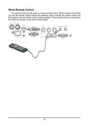 Page 1818
Wired Remote Control
 The remote control can be used as a wired remote control. Wired remote c\
ontrol helps 
you  use  the  remote  control  outside  the  operating  range.  Connect  the  remote  control  and 
the projector with the remote control cable (supplied). If the remote control is connected to 
the cable, the remote control does not emit signal.
IN OUT
TEJ
H
V
RG
B
LAN
RS-232
HDMI
DVI-DB /PbG /YR/Pr
WIRED REMO TETRIGGER  