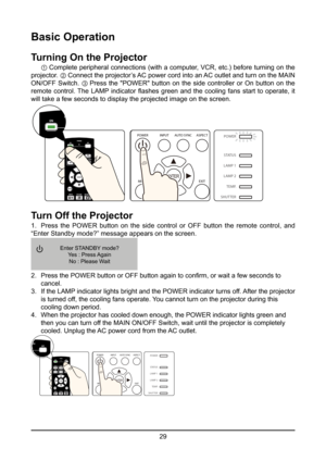 Page 2929
Basic Operation
Turning On the Projector
 ①Complete peripheral connections (with a computer, VCR, etc.) before turning on the 
projector.  ②Connect the projector’s AC power cord into an AC outlet and turn on the MAIN 
ON/OFF  Switch.  ③Press the "POWER" button on the side controller or On button on the 
remote  control. The  LAMP  indicator  flashes  green  and  the  cooling  fans  start  to  operate,  it 
will take a few seconds to display the projected image on the screen.
POWER
MENU EXIT...