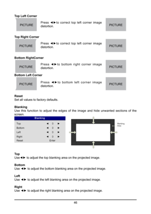 Page 4646
Top Left Corner
 
PICTURE
        PICTURE
Top Right Corner
 
PICTURE         PICTURE
Bottom RightCorner
 
PICTURE        PICTURE
Bottom Left Corner
 
PICTURE        PICTURE
Reset
Set all values to factory defaults.
Blanking
Use this function to adjust the edges of the image and hide unwanted sec\
tions of the 
screen.
 
%ODQNLQJ$U
HD
To p
Use◄► to adjust the top blanking area on the projected image.
Bottom
Use ◄► to adjust the bottom blanking area on the projected image.
Left
Use ◄► to adjust the left...