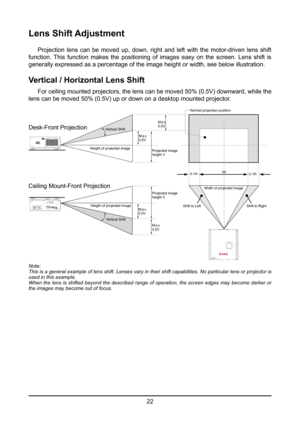 Page 2222
Lens Shift Adjustment
 Projection lens can be moved up, down, right and left with the motor-dri\
ven lens shift 
function.  This  function  makes  the  positioning  of  images  easy  on  the  screen.  Lens  shift  is 
generally expressed as a percentage of the image height or width, see be\
low illustration.
Vertical / Horizontal Lens Shift
  For ceiling mounted projectors, the lens can be moved 50% (0.5V) downward, while the 
lens can be moved 50% (0.5V) up or down on a desktop mounted projector ....