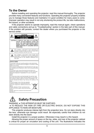 Page 55
To the Owner
 Before installing and operating the projector, read this manual thoroughly. The projector 
provides many convenient features and functions. Operating the projector properly enables 
you to manage those features and maintains it in good condition for many years to come. 
Improper operation may result in not only shortening the product life, but also malfunctions, 
fire hazard, or other accidents.
  If the projector seems to operate improperly, read this manual again, check operations 
and...