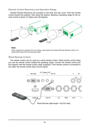 Page 1919
Remote Control Receivers and Operation Range
Infrared Remote Receivers are provided on the front and rear cover. Point the remote 
control toward the projector, then press the buttons. Maximum operating range for the re-
mote control is about 12 meters and ±30 degrees.
12m
±30°
12m
±30°
Note:
When hanging the projector from the ceiling, point toward the Infrared Remote Receiver which is lo-
cated farther away from the fluorescent light. 
Wired Remote Control
The remote control can be used as a wired...