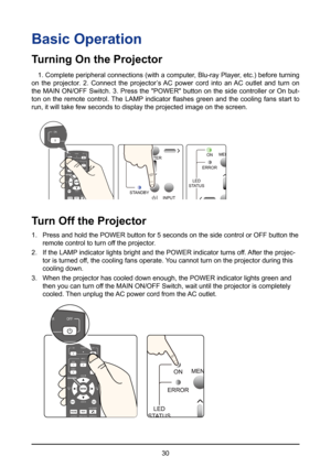 Page 3030
Basic Operation
Turning On the Projector
1. Complete peripheral connections (with a computer, Blu-ray Player, etc.) before turning 
on the projector. 2. Connect the projector’s AC power cord into an AC outlet and turn on 
the MAIN ON/OFF Switch. 3. Press the "POWER" button on the side controller or On but-
ton  on  the  remote  control. The  LAMP  indicator  flashes  green  and  the  cooling  fans  start  to 
run, it will take few seconds to display the projected image on the scre\
en.
ENTER...