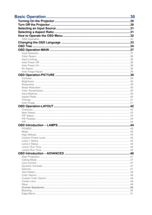 Page 4Basic Operation .......................................................................... 30
Turning On the Projector ......................................................................................... 30
Turn Off the Projector  .............................................................................................. 30
Selecting an Input Source  ....................................................................................... 31
Selecting a Aspect Ratio...