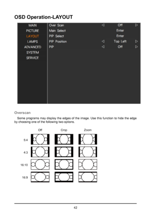 Page 4242
OSD Operation-LAYOUT
Overscan
Some programs may display the edges of the image. Use this function to hide the edge 
by choosing one of the following two options.
5:4
4:3
16:10
16:9
Off Crop Zoom  