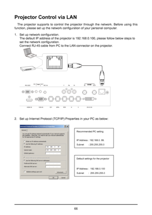 Page 6666
Projector Control via LAN
The projector supports to control the projector through the network. Before using this 
function, please set up the network configuration of your personal computer .
1.  Set up network configuration.  
The default IP address of the projector is 192.168.0.100, please follow below steps to\
 
set the network configuration.  
Connect RJ-45 cable from PC to the LAN connector on the projector. 
HDMI IN VGA ING/YB/Pb R/Pr DVI-D IN
H V
RS-232C
1
2R/C IN
12V Trigger OUT
YPb Pr INOUT...