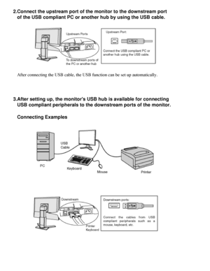 Page 48
2.Connect the upstream port of the monitor to the downstream port of the USB compliant PC or another hub by using the USB cable.
After connecting the USB cable, the USB function can be set up automatic\
ally.
 
3.After setting up, the monitors USB hub is available for connecting  USB compliant peripherals to the downstream ports of the monitor.
Connecting Examples
 
 
 
 