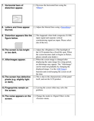 Page 51
7.Horizontal bars of 
distortion appear.[ ]Decrease the horizontal bars using the 
<
Phase>. 
8. Letters and lines appear 
blurred.[ ]Adjust the blurred lines using .
9. Distortion appears like the 
figure below.[ ]This happends when both composite (X-OR) 
input signal and separate vertical 
synchronizing signal are input. Please select 
one of the two.
10. The screen is too bright 
or too dark.[ ]Adjust the  (The backlight of 
the LCD monitor has a fixed life span. When 
the screen becomes dark or...