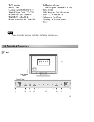 Page 12
*LCD Monitor  *Calibration software 
ColorNavigator (in the CD-ROM)
* Power Cord 
* Analog Signal Cable (FD-C16)  *Setup Guide
* Digital Signal Cable (FD-C39)  *ColorNavigator Quick Reference 
* EIZO USB Cable (MD-C93) *LIMITED WARRANTY
* EIZO LCD Utility Disk  *Adjustment Certificate
* Users Manual (in the CD-ROM)  *Cleaning kit ScreenCleaner
* Hood
 
* Please retain the packing materials for future transference.
 
Front
 
 