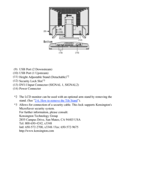 Page 14
 
(9)USB Port (2 Downstream)
(10) USB Port (1 Upstream)
(11) Height Adjustable Stand (Detachable)
*2
(12)Security Lock Slot*3
(13)DVI-I Input Connector (SIGNAL 1, SIGNAL2)
(14) Power Connector
*2 The LCD monitor can be used with an optional arm stand by removing the 
stand. (See 
2-6. How to remove the Tilt Stand).
*3 Allows for connection of a security cable. This lock supports Kensington\
s 
MicroSaver security system.
For further information, please consult:
Kensington Technology Group
2855 Campus...