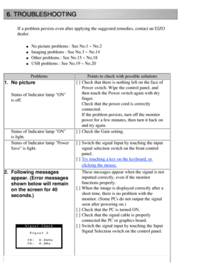 Page 48
If a problem persists even after applying the suggested remedies, contac\
t an EIZO 
dealer. 
l     No picture problems : See No.1 ~ No.2 
l     Imaging problems : See No.3 ~ No.14 
l     Other problems : See No.15 ~ No.18 
l     USB problems : See No.19 ~ No.20 
ProblemsPoints to check with possible solutions
1.No picture
Status of Indicator lamp ON 
is off. [ ]
Check that there is nothing left on the face of 
Power switch. Wipe the control panel, and 
then touch the Power switch again with dry...