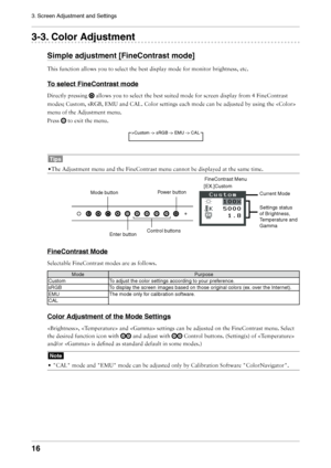 Page 16
1
3. Screen Adjustment and Settings

-. Color Adjustment
Simple adjustment [FineContrast mode]
This	function	allows	you	to	select	the	best	display	mode	for	monitor	brightness,	etc.
To select FineContrast mode
Directly	pressing		allows	you	to	select	the	best	suited	mode	for	screen	display	from	4	FineContrast	
modes;	Custom,	sRGB,	EMU	and	CAL.	Color	settings	each	mode	can	be	adjusted	by	using	the		
menu	of	the	Adjustment	menu.
	
Press	
	to	exit	the	menu.
 ->Custom -> sRGB -> EMU -> CAL...