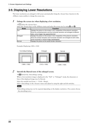 Page 22

3. Screen Adjustment and Settings

-. Displaying Lower Resolutions
The	lower	resolutions	are	enlarged	to	full	screen	automatically.	Using	the		function	in	the	
	menu	enables	to	change	the	screen	size.
1	 Enlarge	the	screen	size	when	displaying	a	low	resolution.
		Select	the	.	
Select	the		in	the		menu	and	select	the	screen	size	by	using	
	and	.
ModeFunction
FullDisplays the picture on the screen in full, irrespective of the picture's resolution. 
Since the verticalresolution and...