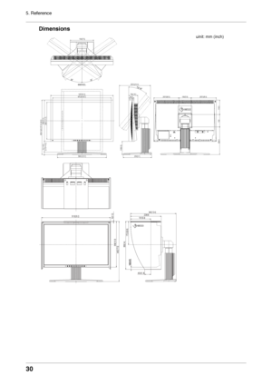 Page 30
0
5. Reference

Dimensions
333(13.1)298.1(11.7)
475.8(18.7)507(20.0)
35°35°
203.5(8.0)100(3.9)203.5(8.0)
222.5
100
116.5
43.974(2.91)
106(4.2)
TILT 40°253.5(10.0)
190(7.5)
230(9.1)398.5(15.7)
521439～
20.5)
(17.3～
10119～4.0)
(0.75～
(1.73)
4*(/-4*(/-
SWIVEL
513(20.2)229(9)340(13.4)
445(17.5)
339(13.3)
3(0.12)
355(14)
16(0.63)
172.5(6.8)
45.6(1.8)
151(5.9)
uinit: mm (inch)
 