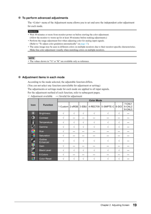 Page 1919Chapter 2  Adjusting Screen
● To perform advanced adjustments
The  menu of the Adjustment menu allows you to set and save the independent color adjustment 
for each mode.
Attention
• Wait 30 minutes or more from monitor power on before starting the color adjustment. (Allow the monitor to warm up for at least 30 minutes before making adjustments.)
•
 
P
 erform the range adjustment first when adjusting color for analog input signals. 
(Refer to “To adjust color gradation automatically” on page 17 ).
•...