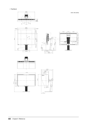 Page 4444Chapter 6  Reference
•
 
F

lexStand
Unit: mm (inch)
638 (25.1)
566 (22.3)520.4 (20.5)22.8 (0.90)22.8 (0.90)
(20.5 (0.81))
326 (12.8)
(20.5 (0.81))
538.5 (21.2)
90 
532 (20.9)
85 (3.35)56.3
 (2.22)
95 (3.74)
72 (2.83)
30 
171.5 (6.8)14.5 (0.57)
235.5 (9.3)36 (1.42)
9.5 (0.37)
355 (13.0)411.1 (16.2)
256 (10.1)
172 172 
100 (3.9)233 (9.2))233 (9.2)
100 (3.9)
133.5 (5.3)
133.5 (5.3)
pivot
tilt
swivel
swivel
544.1 (21.4)
372.6 (14.7)
183.5 (7.2)
571 (22.5)236 (9.3)229 (9.0)
371 (14.6)351 (13.8)
45.6...