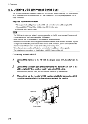 Page 3030
5. Reference
5-3. Utilizin\f USB (Uni\aversal Serial Bus)
This monitor provides a hub which s\lupports the USB standar\ld. When connecting to\l a USB compliant 
PC or another hub, the monitor func\ltions as a hub to \lwhich the USB compl\liant peripherals can be 
easil\f connected.
Required s\bstem environment
• PC equipped with US\lB ports or another USB \lhub connected to t\lhe USB compliant PC\l
•  
Windo
 ws 2000/XP/Vista //\l Mac OS 9.2.2/Mac OS \lX 10.2 or later
•
 
USB Cab
 le (MD-C93,...