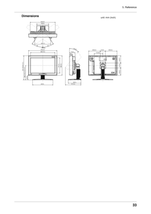 Page 335. Reference
33
Dimensions
100(3.9)
172.5(6.8)
233.5(9.2)233.5(9.2)
100(3.9)
144.5(5.7)
144.5(5.7)
255(10)
TILT 40°
311(12.2)
113(4.4)  64
(2.52)486.5(19.2)
406(16)
567(22.3)
304.5(12)389(15.3)
286.5～404.5(11.3～15.9)
481～599(18.9～23.6)
92(3.62)
323(12.7)
500(19.7)
S\fIEVEL
35°35°
240(9.4)
unit: mm (inch)
  