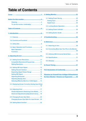 Page 5Table of Contents
5
Table of Contents
Cover  ............................................................. 1
Notice for this monitor
 .......................................... 3
Cleaning ... .............................................................. 4
To use the monitor comfortably
 .......
 .................... 4
Table of Contents .................................................. 5
1. Introduction
 ........................................................ 6
1-1. Features ...............