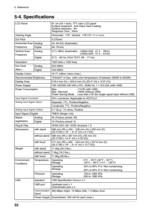 Page 32
32
5. Reference

5-4. Speciﬁcations
LCD Panel61 cm (24.1 inch), TFT color LCD panel  
Surface treatment : Anti-Glare Hard Coating 
Surface hardness : 3H 
Response Time : 16ms
Viewing Angle Horizontal : 178°, Vertical : 178°
(CR: 10 or more)
Dot Pitch0.270mm
Horizontal Scan 
Frequency
Analog24~94 kHz (Automatic)
Digital26~78 kHz
Vertical Scan 
Frequency
Analog 47.5~86Hz (Automatic)   (1600x1200 : 47.5 ~ 76Hz) 
                                        (1920x1200 : 47.5 ~ 61Hz)
Digital47.5 ~ 63 Hz (VGA...