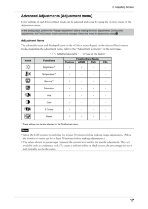 Page 17
2. Adjusting Screen
1

Advanced Adjustments [Adjustment menu]
Color	settings	of	each	FineContrast	mode	can	be	adjusted	and	saved	by	using	the		menu	of	the	
Adjustment	menu.
In the analog input, perform the "Range Adjustment" before making the color adjustments. During color 
adjustments, the FineContrast mode cannot be changed. Select the mode in advance by using  
Adjustment Items
The	adjustable	items	and	displayed	icons	on	the		menu	depend	on	the	selected	FineContrast	
mode.	Regarding	the...