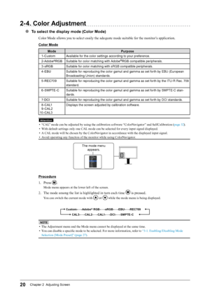 Page 2020Chapter 2  Adjusting Screen
2- 4. Color Adjustment
●  To select the display mode (Color Mode)
Color Mode allows you to select easily the adequate mode suitable for the monitor’s application.
Color Mode
Mode Purpose
  1-Custom Available for t\fe color settin\w\bs accordin\b to your preference.
  2-Adobe
®RGB Suitable for color matc\fin\b wi\wt\f  Adobe®RGB
 compatible perip\ferals.
  3-sRGB Suitable for color matc\fin\b wi\wt\f sRGB compatible perip\ferals.
  4-EBU Suitable for reproducin\b t\fe \wcolor...