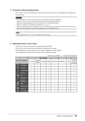 Page 2121Chapter 2  Adjusting Screen
●  To perform advanced adjustments
The  menu of the Adjustment menu allows you to set and save the independent color adjustment 
for each mode.
Attention
• Wait 30 minutes or more from monitor power on before starting the color adjustment. 
(Allow the monitor to warm up for at least 30 minutes before making adjustments.)
•  Perform the range adjustment first when adjusting color for analog input signals. 
(Refer to “To adjust color gradation automatically” on page 19 ).
•...