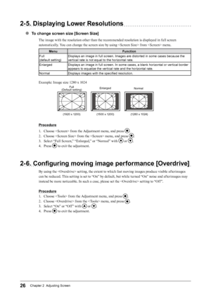 Page 2626Chapter 2  Adjusting Screen
2-5. Displaying Lower Resolutions
●  To change screen size [Screen Size]
The image with the resolution other than the recommended resolution is displayed in full screen 
automatically. You can change the screen size by using  from  menu.
Menu Function
Full  
(default setting) Displays an image in full screen. Images are distorted in some cases because the 
vertical rate is not equal to the horizontal rate.
Enlarged Displays an image in full screen. In some cases, a blank...