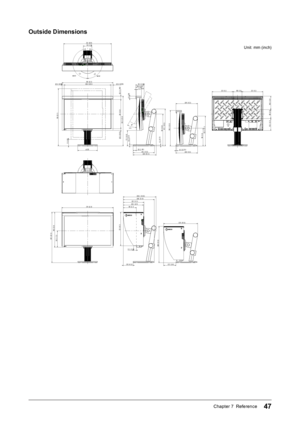 Page 4747Chapter 7  Reference
Outside Dimensions
553.5 (21.8)
(20.5 (0.81))
326 (12.8)
(35.5 (1.40))
(22.8 (0.90))520.4 (20.5)(22.8 (0.90))566 (22.3)
φ220
(64 (2.52))7.5 (0.30)92.5 (3.64)
171.5 (6.8)
235.5 (9.3)
9.5 (0.37)
355 (13.0)411.1 (16.2)
(256 (10.1))(36 (1.42))
14.5 (0.57)
532 (20.9)95 (3.74)
100 (3.9)
100 (3.9)
148.5 (5.8)
133.5 (5.3)
233 (9.2)233 (9.2)
396.5 (15.6)
(8.5 (0.33))(242 (9.5))
(241 (9.5))
198 (7.8)
332.5 (13.1)
72 (2.83)
638 (25.1)
30°
172°172°
27 (1.06)
swiveltilt
swivel
(561 (22.1))
574...