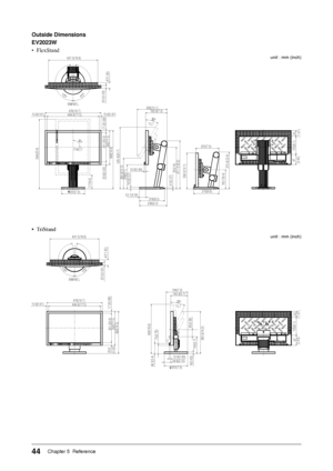 Page 44
Chapter 5  Reference

Outside	Dimensions
EV0W
• FlexStand
17.2(0.68)
15.6(0.61)444.8(17.5)15.6(0.61)476(18.7)
594(23.4)498(19.6)
14.5(0.57)9.5(0.37)
256(10.1)
421.5(16.6)
411.1(16.2)306.5(12.1)
315.4(12.4)
216(8.5)
172°172°
90°
30°
163.7(6.4)
47(1.85)
206(8.1)260.8(10.3)
355(14)12.4(0.49)
182.9(7.2)
200(7.9)155(6.1)
87525.4(20.7)
SWIVEL
200(7.9)
292(11.5)251.2(9.9)
23.6(0.93)
117(4.6)
PIVOT
(1.97)50
53.1(2.09)
(3.43)
236(9.3)
219(8.6)
TILT
23.5(0.93)
• TriStand
421.5(16.6)...