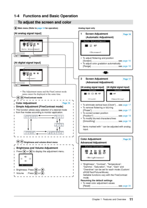 Page 11
11Chapter 1  Features and Overview

1-	 Functions	and	Basic	Operation
To	adjust	the	screen	and	color
1	 Screen	Adjustment	
(Automatic	 Adjustment)
● To adjust flickering and position  
[Screen]  ………………………………see page 16
●  To adjust color gradation automatically  
[Range]  ………………………………see page 18
Page	16
Analog	input	only
	 Screen	 Adjustment	
(Advanced	 Adjustment)
[At	digital	signal	input]
[At	analog	signal	input]
●  To eliminate vertical bars [Clock*]  …see page 17
●  To remove flickering or...