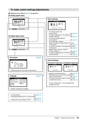 Page 13
1Chapter 1  Features and Overview

Information
● Displaying Monitor Information [Information]
To	make	useful	settings/adjustments
	Adjustment	menu	(Refer	to	page	1	for	operation)
[At	analog	signal	input]
[At	digital	signal	input]
Other	Settings
 
●  To change screen size  
[Screen Size]  ………………………see page 26
● To adjust brightness of non-display area  
[Border Intensity]  ……………………see page 27
●  To set input signal selection  
[Input Signal]  ………………………see page 32
● To update menu settings...